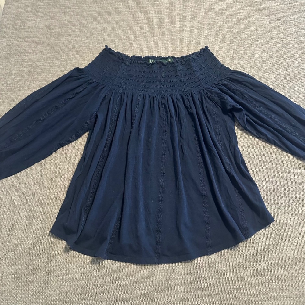 Lauren Ralph Lauren Smocked Top Womens 1X Navy Blue Boho Embroidered